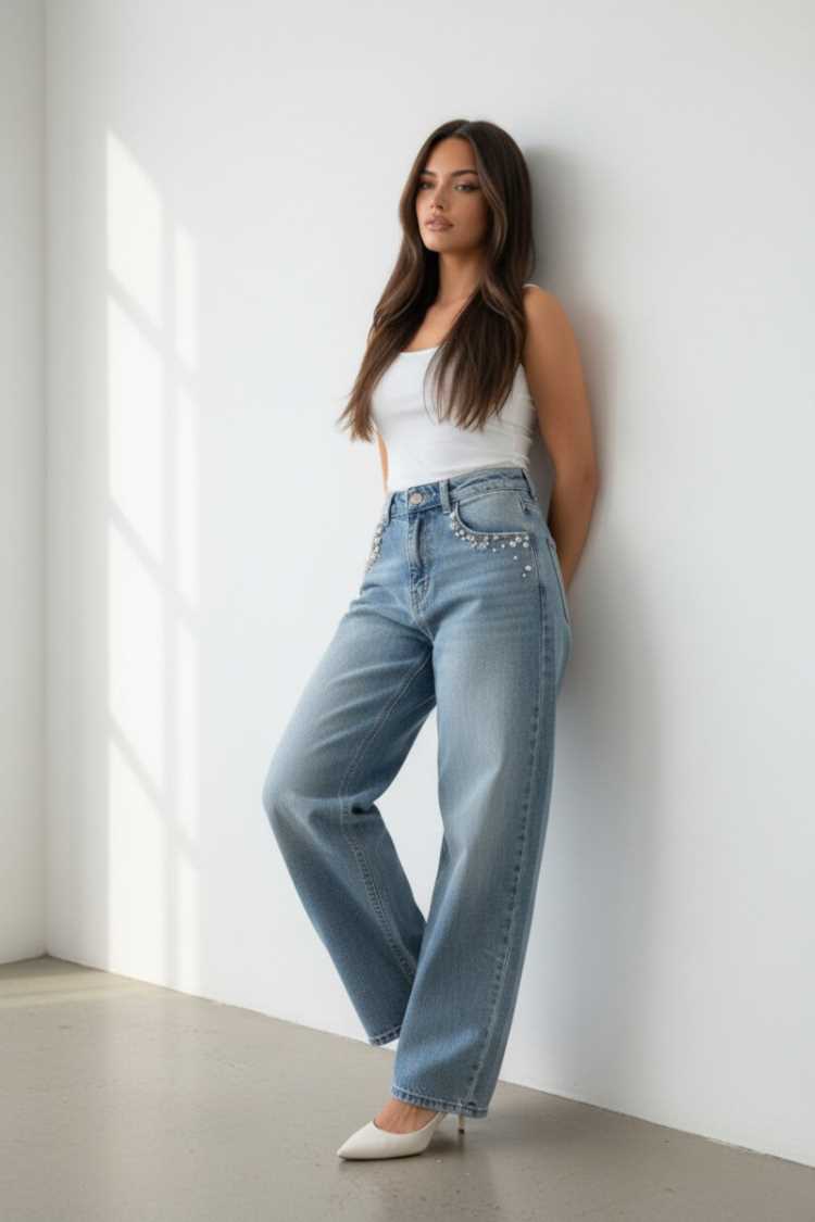 Jeans con fiorellini di perle